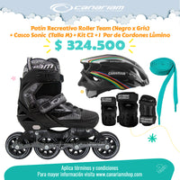 Promo: Roller Team (Negro x Gris) + Casco Sonic  (Talla M) + Kit C2 (Talla: XS / S / M) + 1  Par de Cordones Lúmino