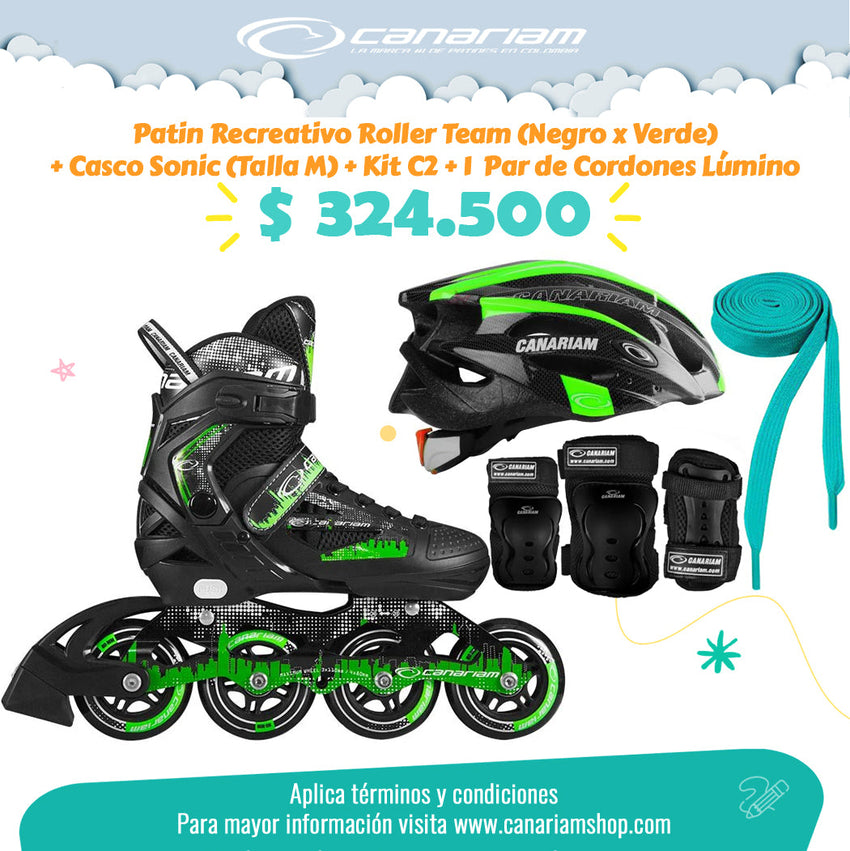 Promo: Roller Team (Negro x Verde) + Casco Sonic (Talla M) + Kit C2 (Talla: XS / S / M) + 1  Par de Cordones Lúmino