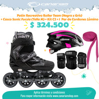 Promo: Roller Team (Negro x Gris) + Casco Sonic Fucsia (Talla M) + Kit C2 (Talla: XS / S / M) + 1  Par de Cordones Lúmino