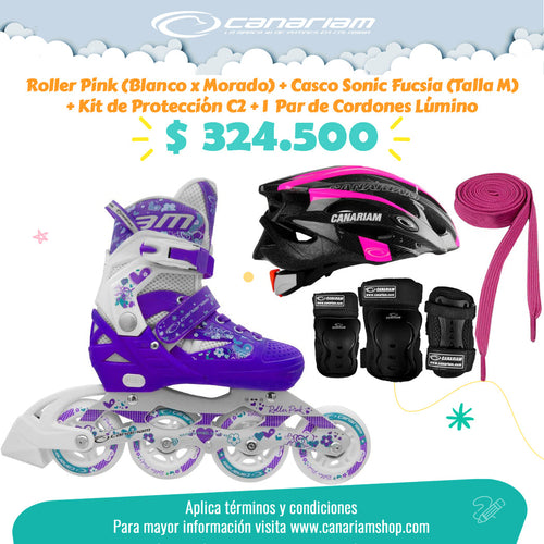 Promo: Roller Pink (Blanco x Morado) + Casco Sonic Fucsia (Talla M) + Kit de Protección C2 (Talla: XS / S / M) + 1  Par de Cordones Lúmino