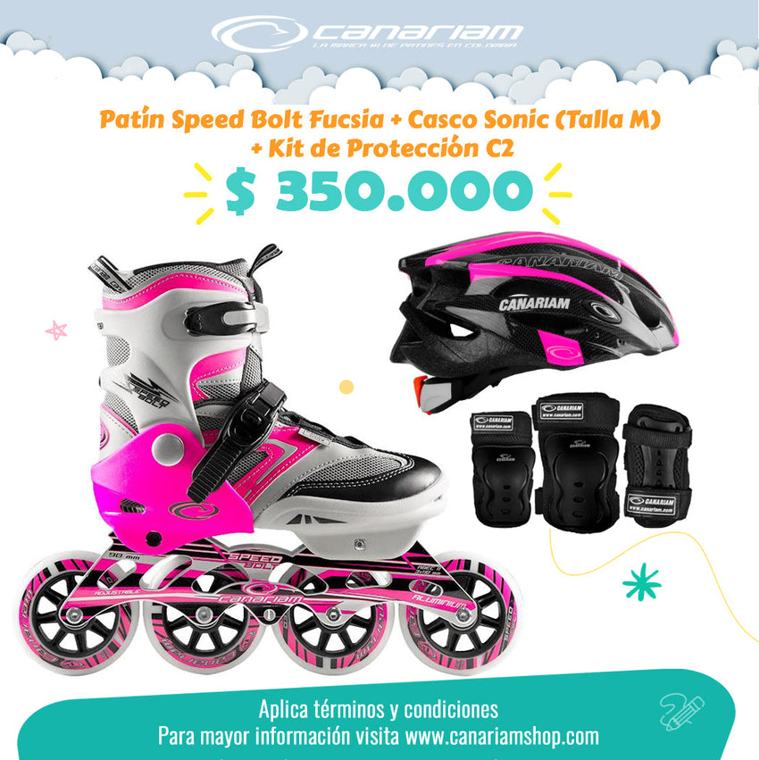 Promo: Patín Speed Bolt Fucsia + Casco Sonic (Talla M) + Kit de Protección C2 (Talla: XS / S / M)