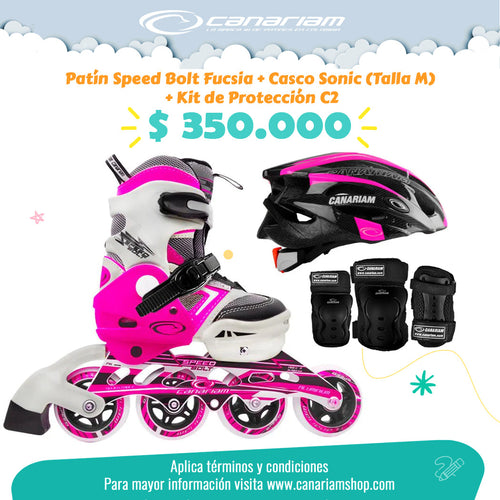 Promo: Patín Speed Bolt Fucsia + Casco Sonic (Talla M) + Kit de Protección C2 (Talla: XS / S / M)