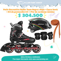 Promo: Roller Team (Negro x Rojo) + Casco Sonic (Talla M) + Kit C4 (Talla L) + 1  Par de Cordones Lúmino