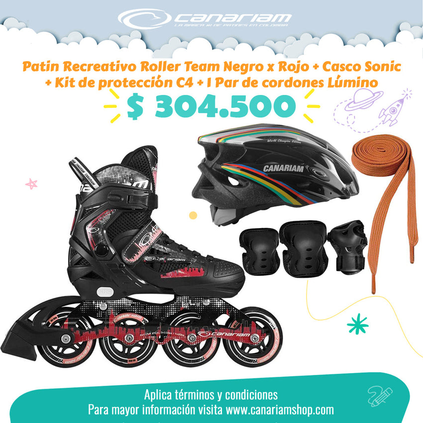 Promo: Roller Team (Negro x Rojo) + Casco Sonic (Talla M) + Kit C4 (Talla L) + 1  Par de Cordones Lúmino
