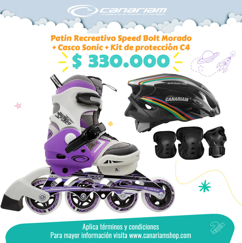Promo: Patín Speed Bolt Morado + Casco Sonic (Talla M) + Kit de Protección C4 (Talla L)