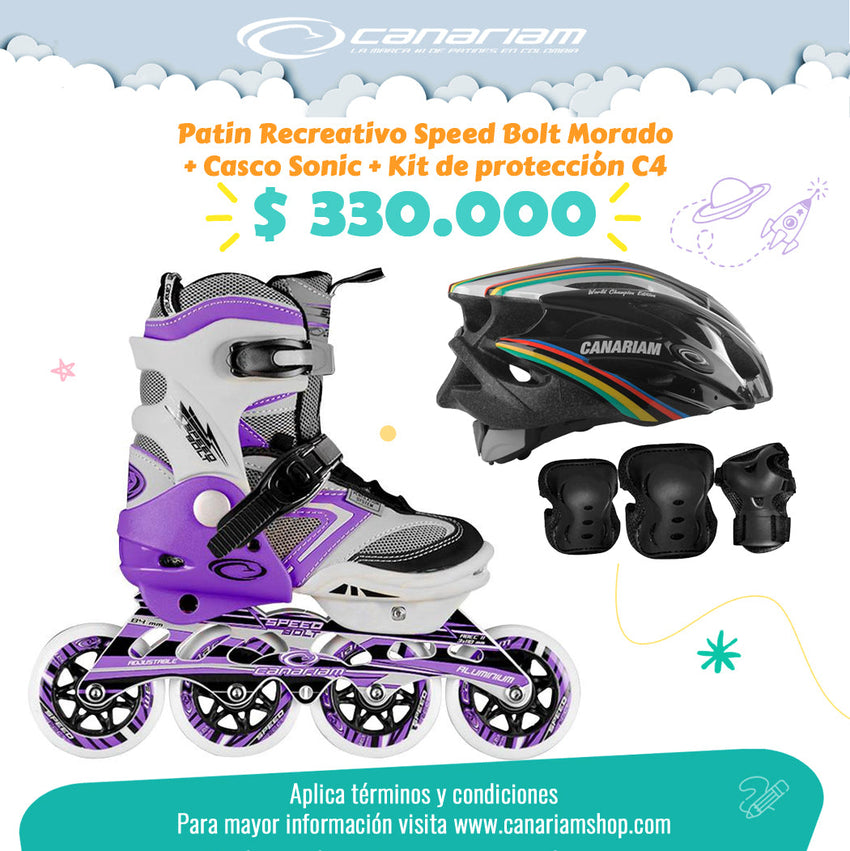 Promo: Patín Speed Bolt Morado + Casco Sonic (Talla M) + Kit de Protección C4 (Talla L)