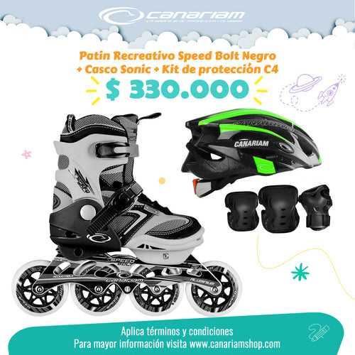 Promo: Patín Speed Bolt Negro + Casco Sonic (Talla S) + Kit de Protección C4 (Talla L)