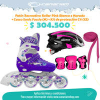 Promo: Roller Pink (Blanco x Morado) + Casco Sonic Fucsia (Talla M) + Kit de Protección C4 (Talla XS) + 1  Par de Cordones Lúmino